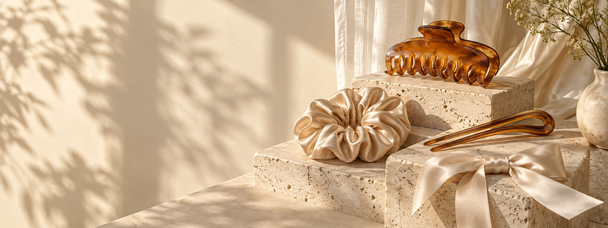 Amber clips, satin pieces and hair pins in a warm sunlit atelier